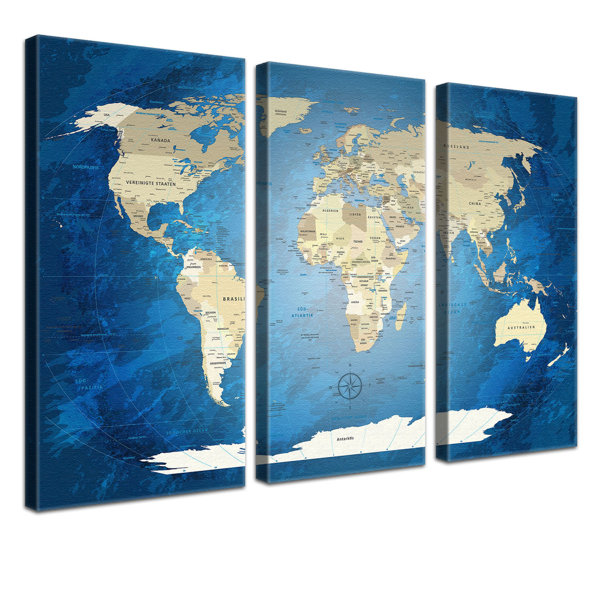 Küstenhaus Leinwandbild-Set "World Map Blue Ocean - Deutsch" in Blau
